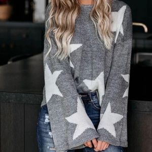 Promesa - Bell Sleeve Star Sweater - Grey & White - Medium